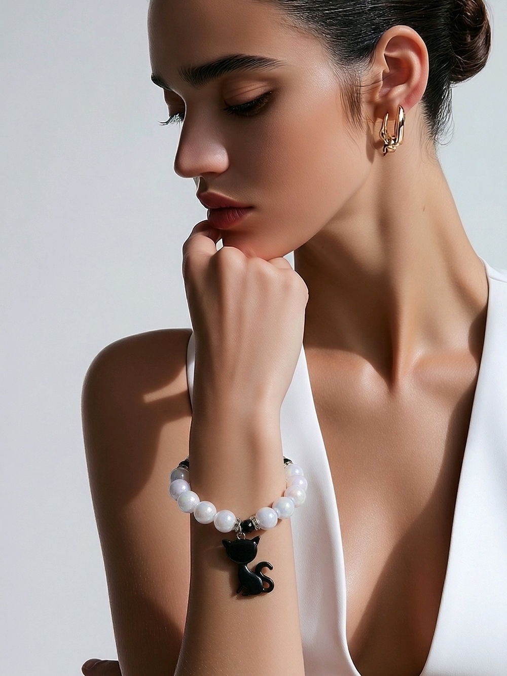 Unique White Bead Necklace with Black Cat Charm Bracelet - Picture 3 of 4